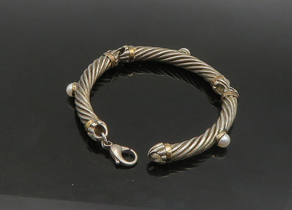 925 Silver & 14K GOLD  Vintage Cultured Pearls Twist Chain Bracelet  BT9083