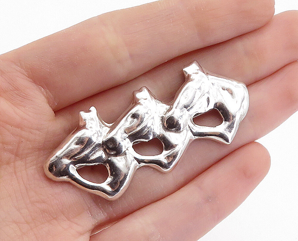 MEXICO 925 Sterling Silver  Vintage Triple Horse's Head Brooch Pin  BP2727