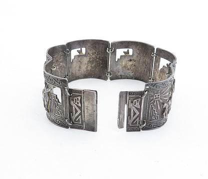 925 Sterling Silver  Vintage Antique Alpaca Scene Curved Chain Bracelet BT2394