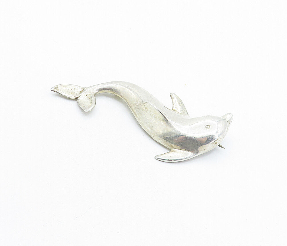 MEXICO 925 Sterling Silver Vintage Shiny Swimming Dolphin Brooch Pin BP2499