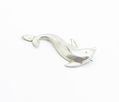 MEXICO 925 Sterling Silver Vintage Shiny Swimming Dolphin Brooch Pin BP2499