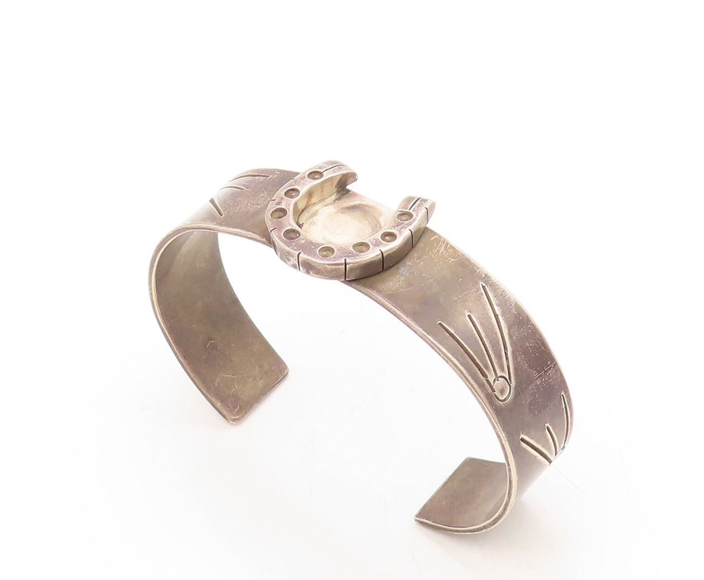 925 Sterling Silver Vintage Bracelet Dark Tone Horse Shoe Good Luck Cuff BT10976
