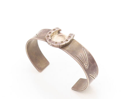 925 Sterling Silver Vintage Bracelet Dark Tone Horse Shoe Good Luck Cuff BT10976