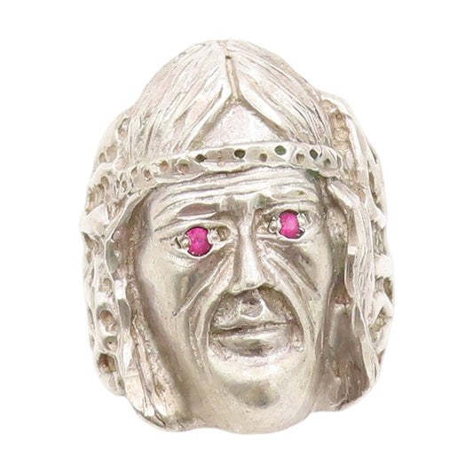 925 Sterling Silver Vintage Ring Ruby Eyed Tribal Chief Face Band Sz 11 RG33753