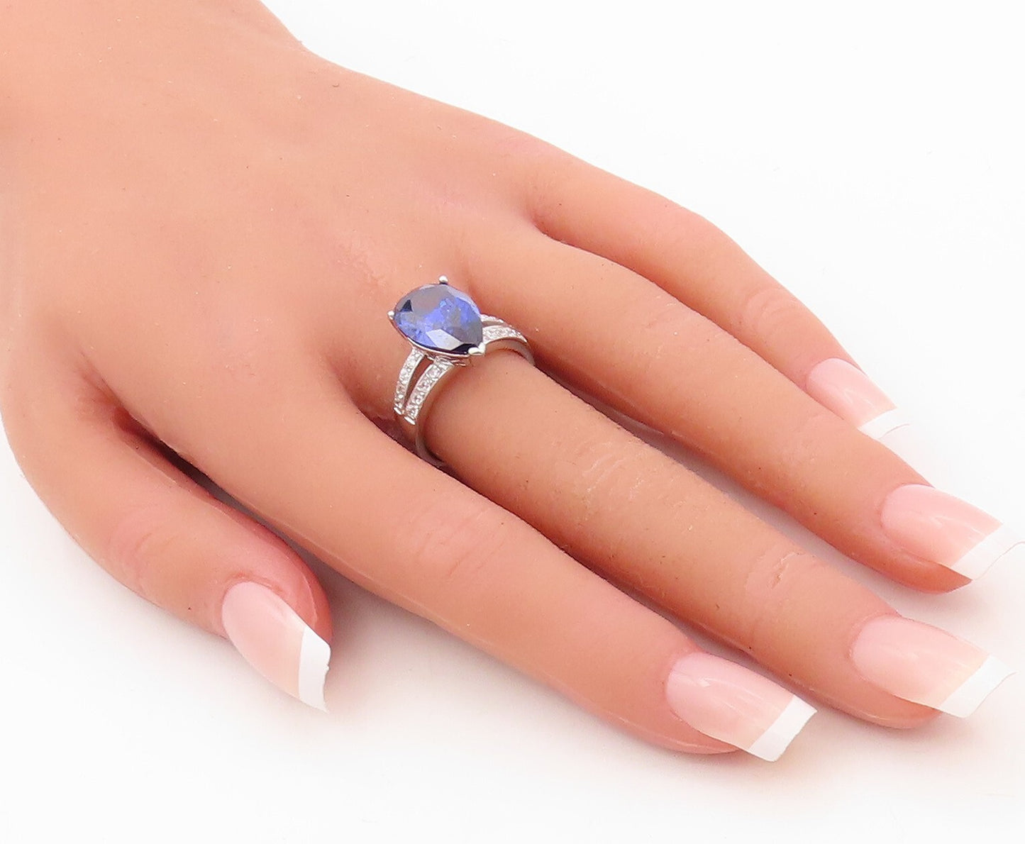 925 Sterling Silver Vintage Ring Drop Cut Sapphire & CZ Cutout Band Sz 7 RG30656