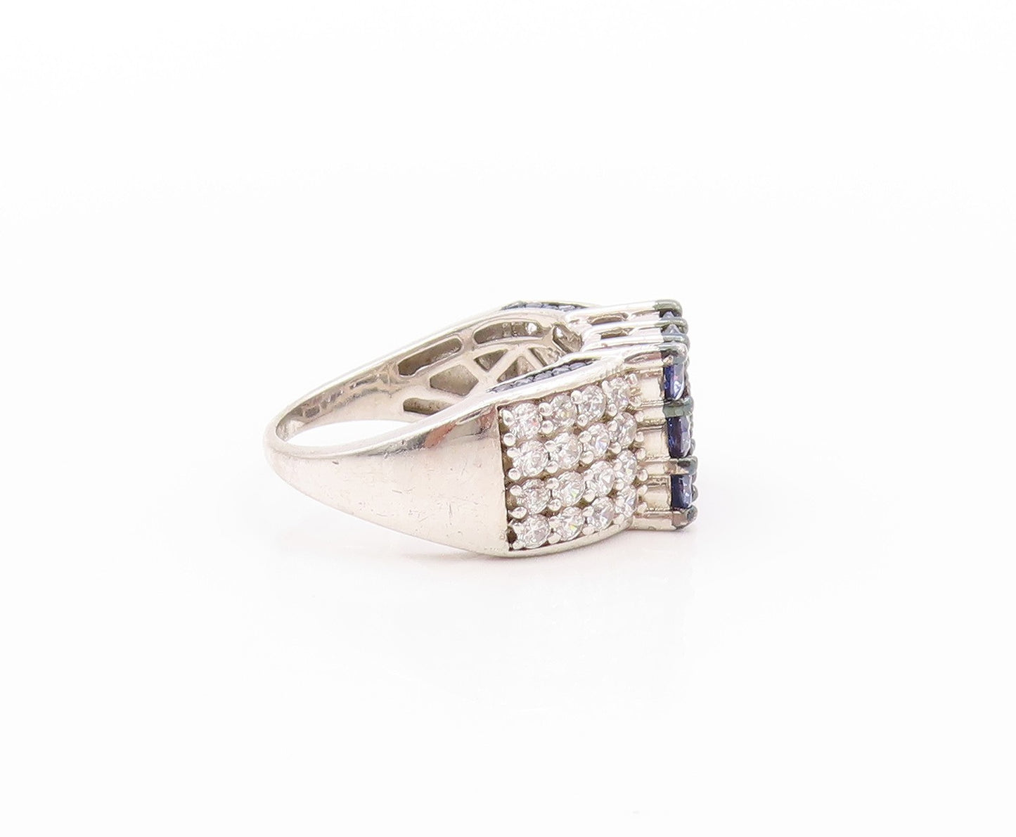 925 Sterling Silver Vintage Ring Modernist Blue & White CZ Inlay  Sz 8  RG32640