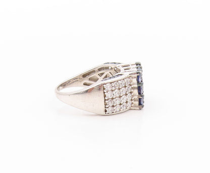 925 Sterling Silver Vintage Ring Modernist Blue & White CZ Inlay  Sz 8  RG32640