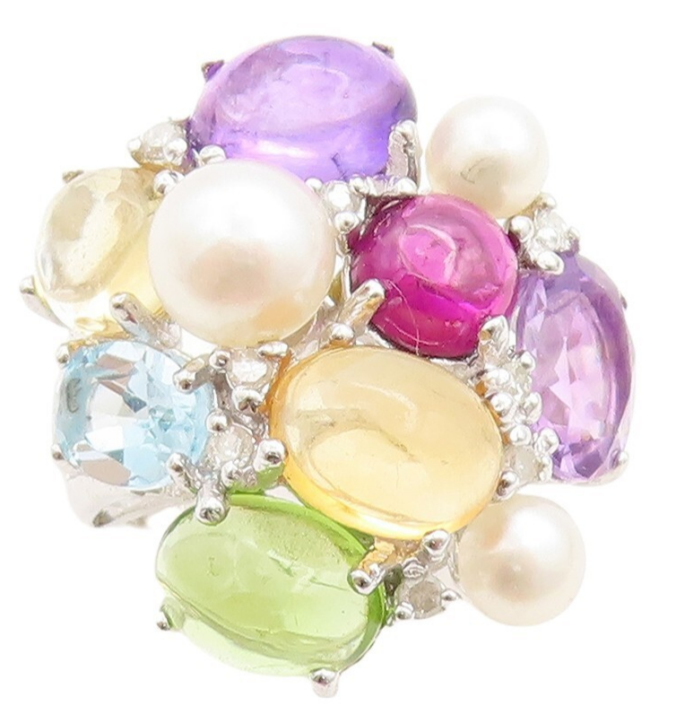 925 Sterling Silver Vintage Ring Brutalist Multi Gemstone Cluster  Sz 5  RG30710