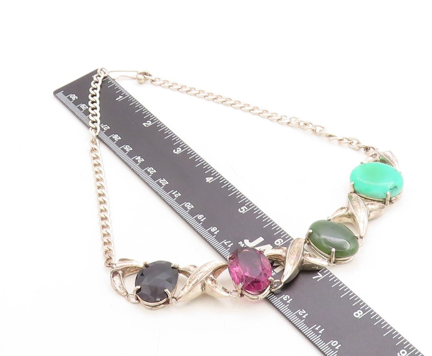 925 Silver  Vintage Hematite Amethyst Turquoise & Jasper Chain Necklace NE2182