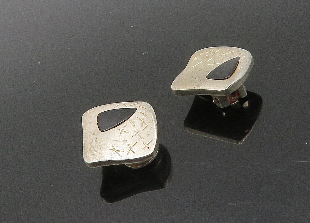 925 Sterling Silver  Vintage Black Onyx Etched Non Pierce Earrings  EG9797