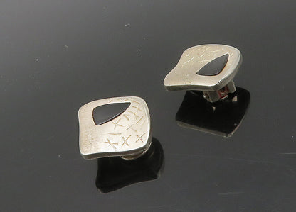 925 Sterling Silver  Vintage Black Onyx Etched Non Pierce Earrings  EG9797