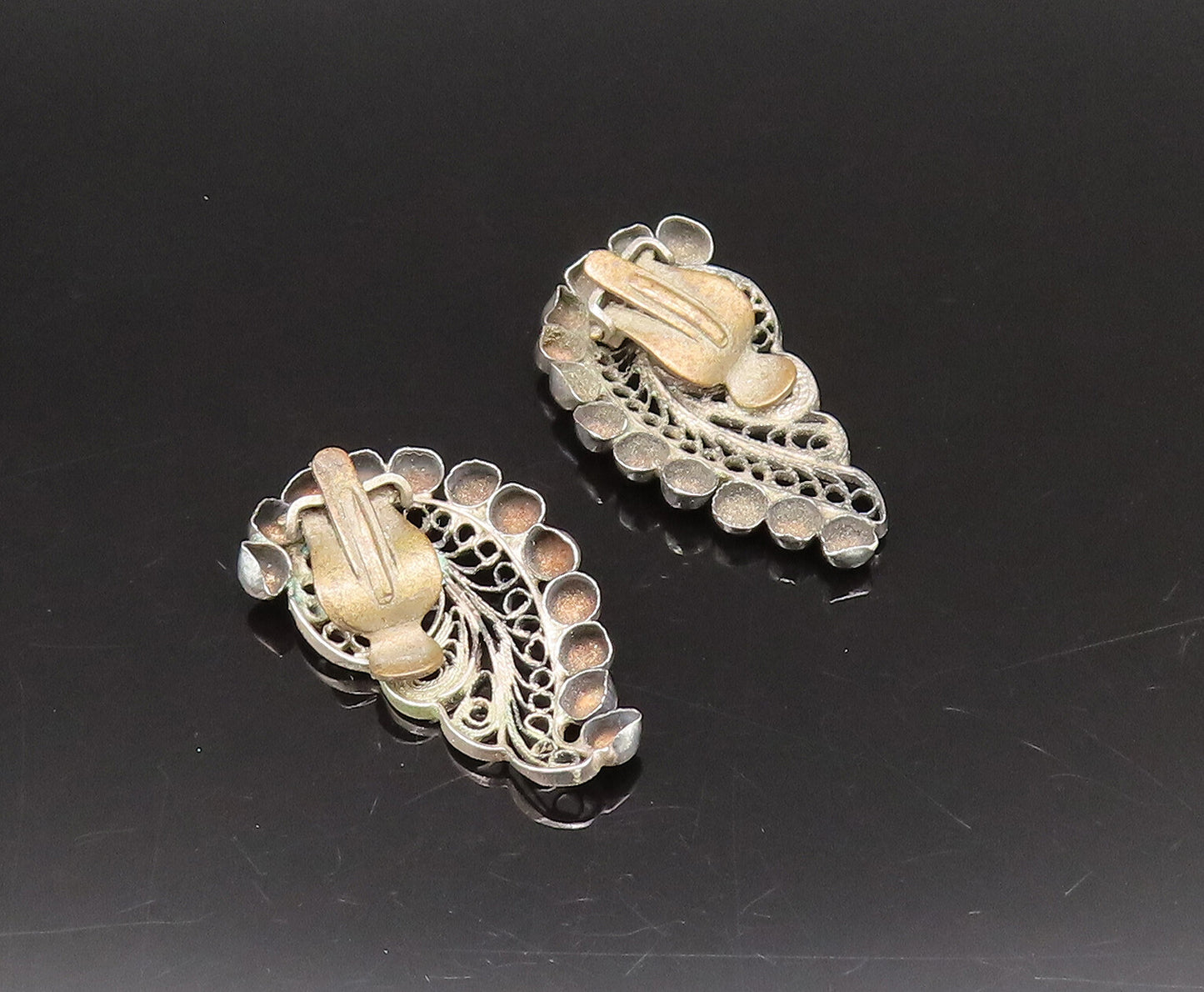 925 Silver  Vintage Antique Beaded & Filigree Swirl Clip Back Earrings EG12264