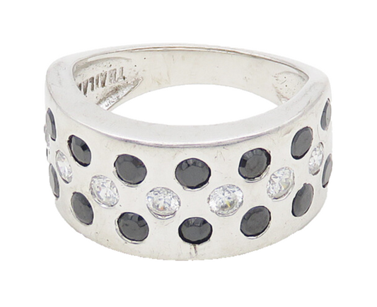 925 Sterling Silver  Black Hematite & Topaz Dotted Band Ring Sz 6  RG18458