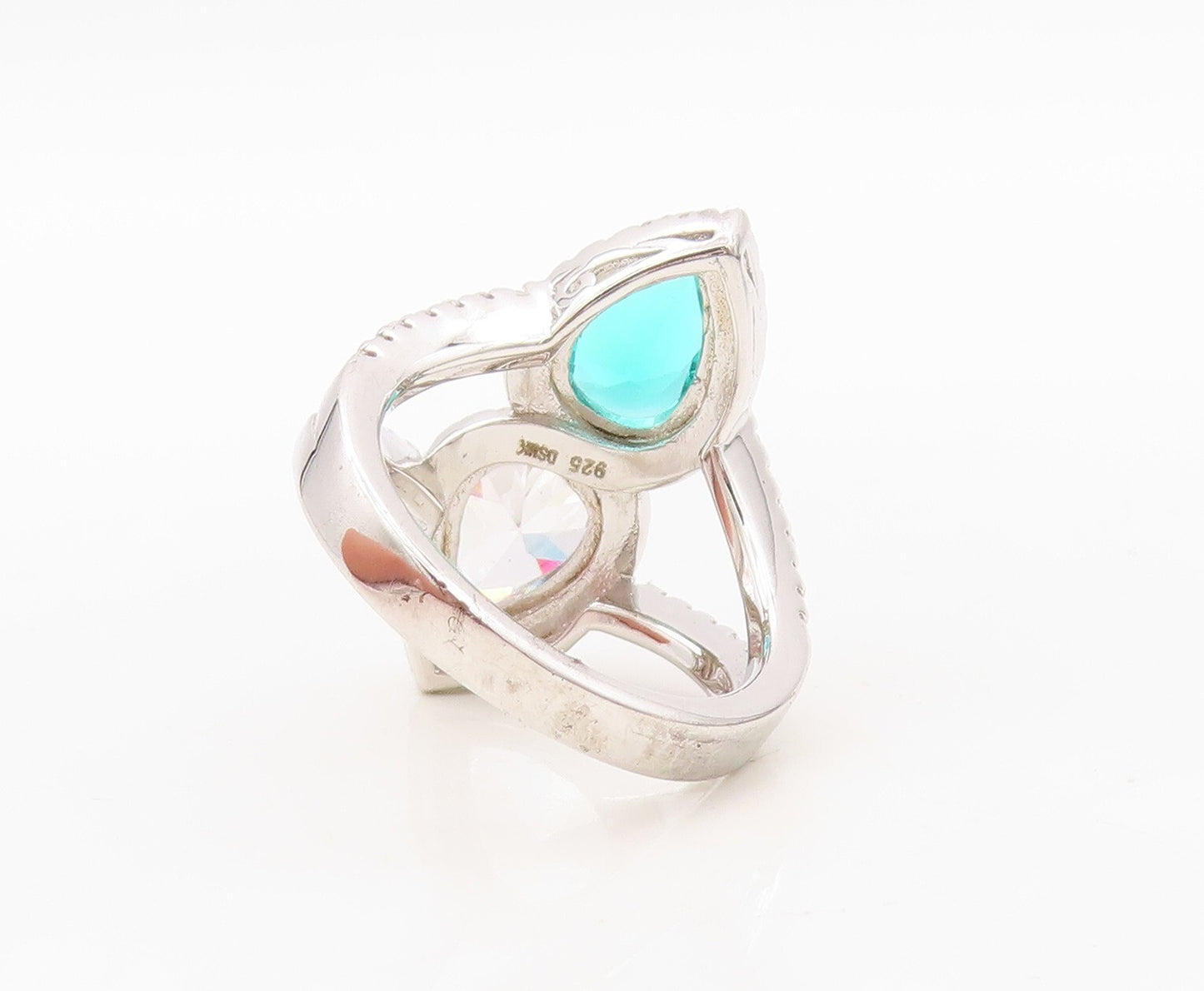 925 Sterling Silver Vintage Ring Designer Drop Sea Green & White CZ Sz 7 RG30410