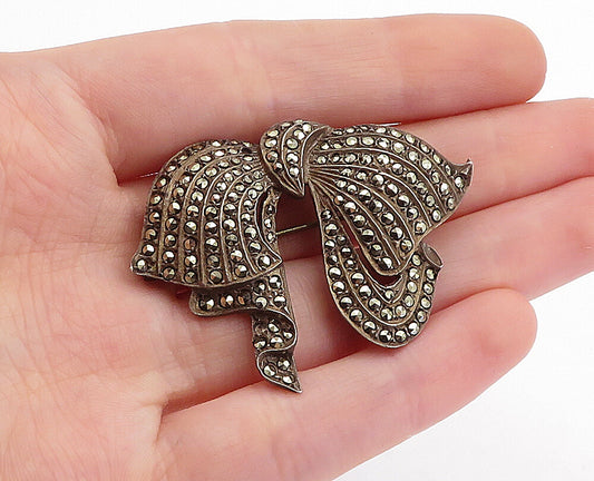 925 Sterling Silver  Vintage Marcasite Bow Tied Ribbon Brooch Pin  BP1775