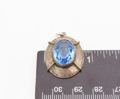 925 Sterling Silver Vintage Pendant Large Oval Cut Blue CZ Shield  PT23081