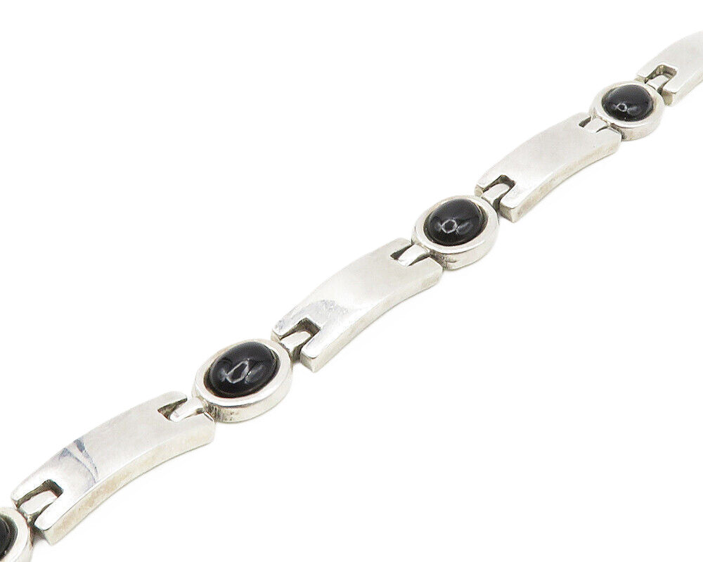 925 Sterling Silver  Vintage Cabochon Cut Black Onyx Chain Bracelet  BT7647