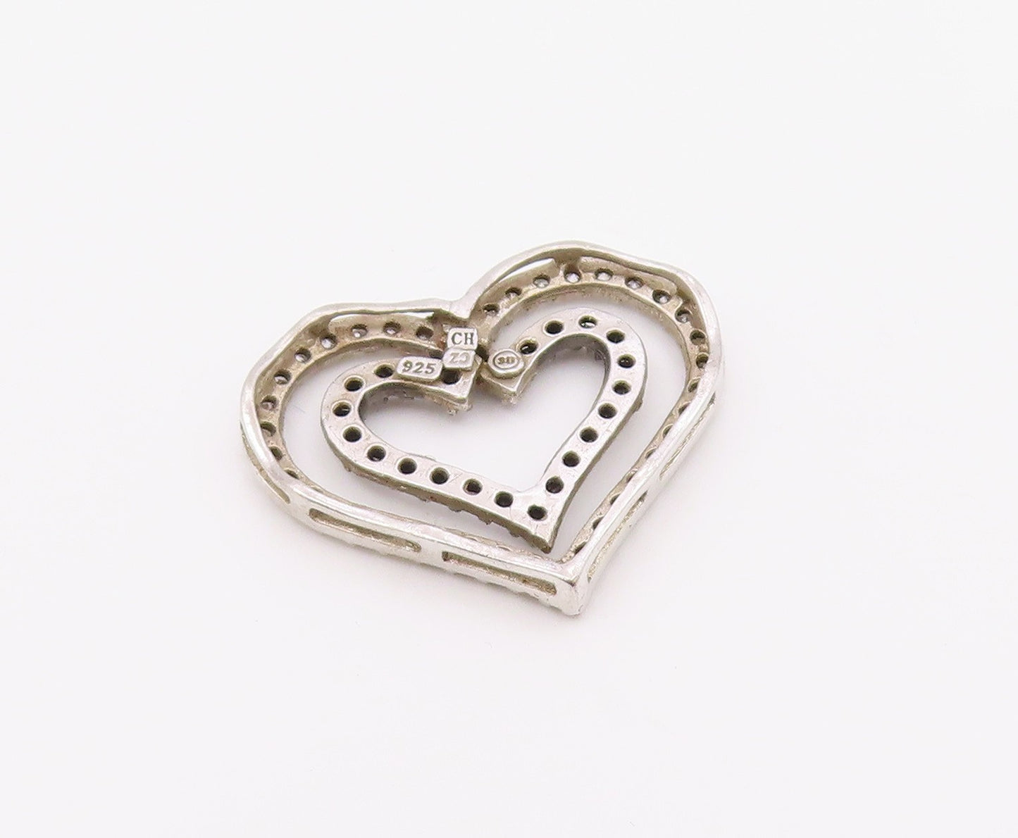 925 Sterling Silver  Vintage Topaz & Black Spinel Love Heart Pendant  PT18555