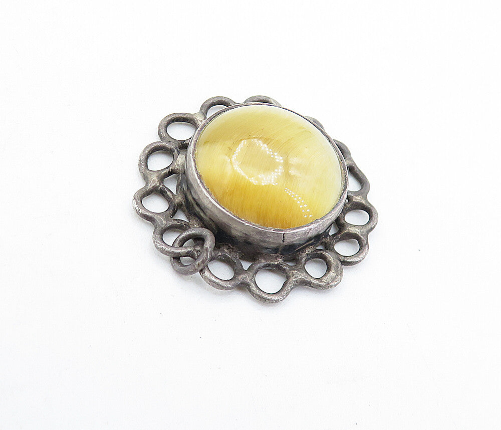 925 Sterling Silver  Vintage Cabochon Cut Tiger's Eye Floral Pendant  PT4722