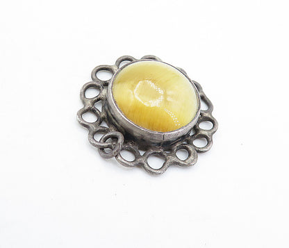 925 Sterling Silver  Vintage Cabochon Cut Tiger's Eye Floral Pendant  PT4722
