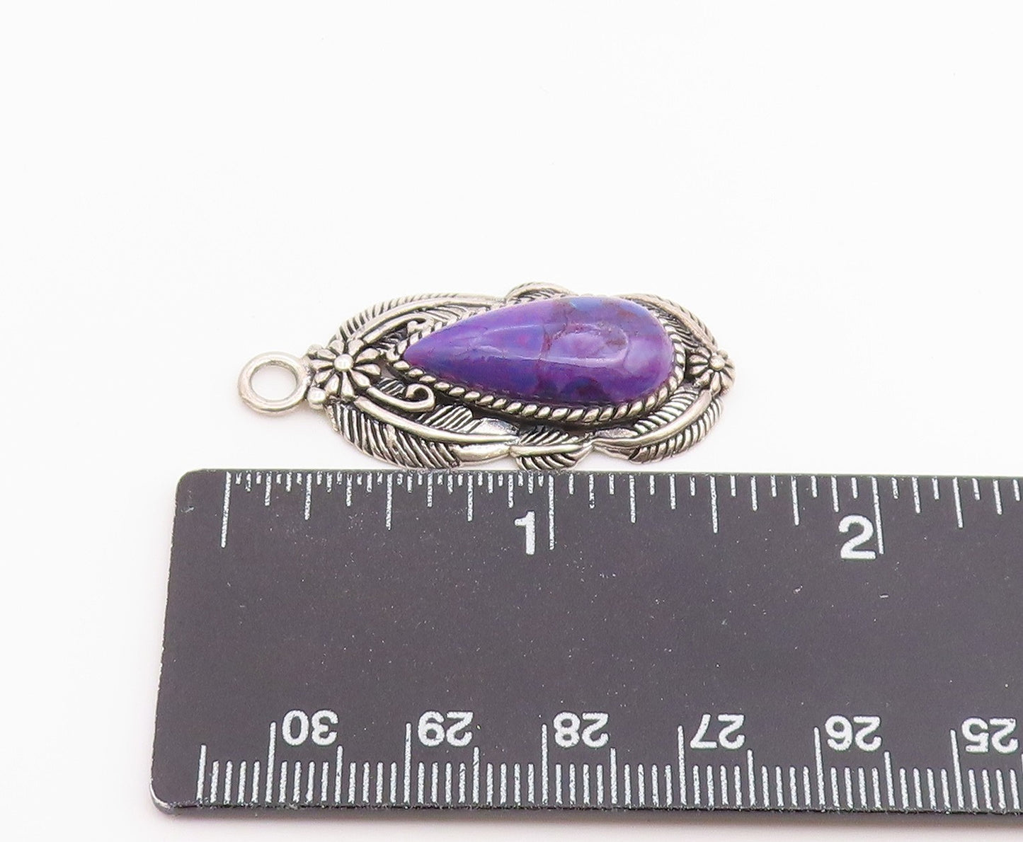 925 Sterling Silver Vintage Pendant Purple Turquoise Etched Leaf Drop  PT26525