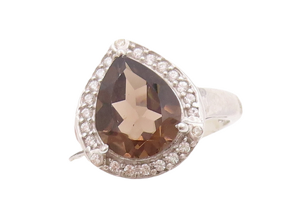 925 Sterling Silver Vintage Ring Drop Cut Smoky Quartz Halo Topaz  Sz 7  RG29468