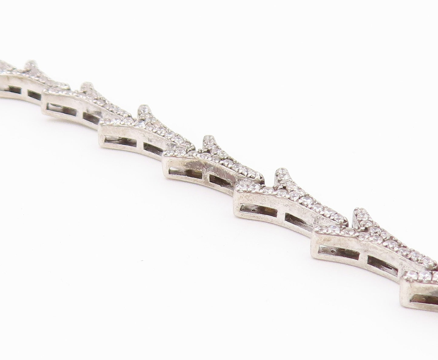 925 Sterling Silver Vintage Necklace CZ Classic Interlocking V Link Chain NE4916