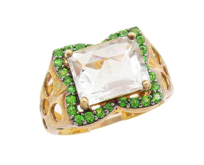 925 Sterling Silver Vintage Ring Gold Plated White  & Green Topaz  Sz 7  RG30632