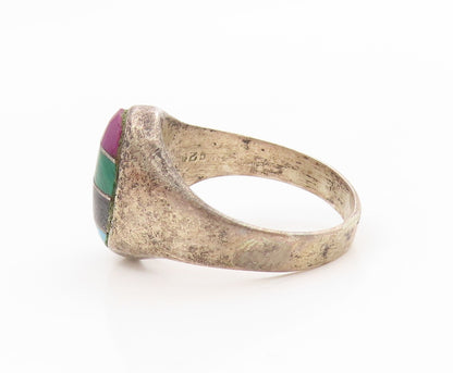 925 Sterling Silver Vintage Ring Multi Gemstone Inlay Band  Sz 9.5  RG34618