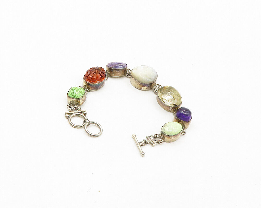 925 Silver Vintage Mother Of Pearl Quartz & Multi Stone Chain Bracelet BT6852