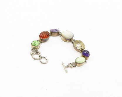 925 Silver Vintage Mother Of Pearl Quartz & Multi Stone Chain Bracelet BT6852