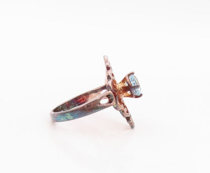925 Sterling Silver Vintage Ring Floral Cutout Blue Topaz  Sz 7  RG29942