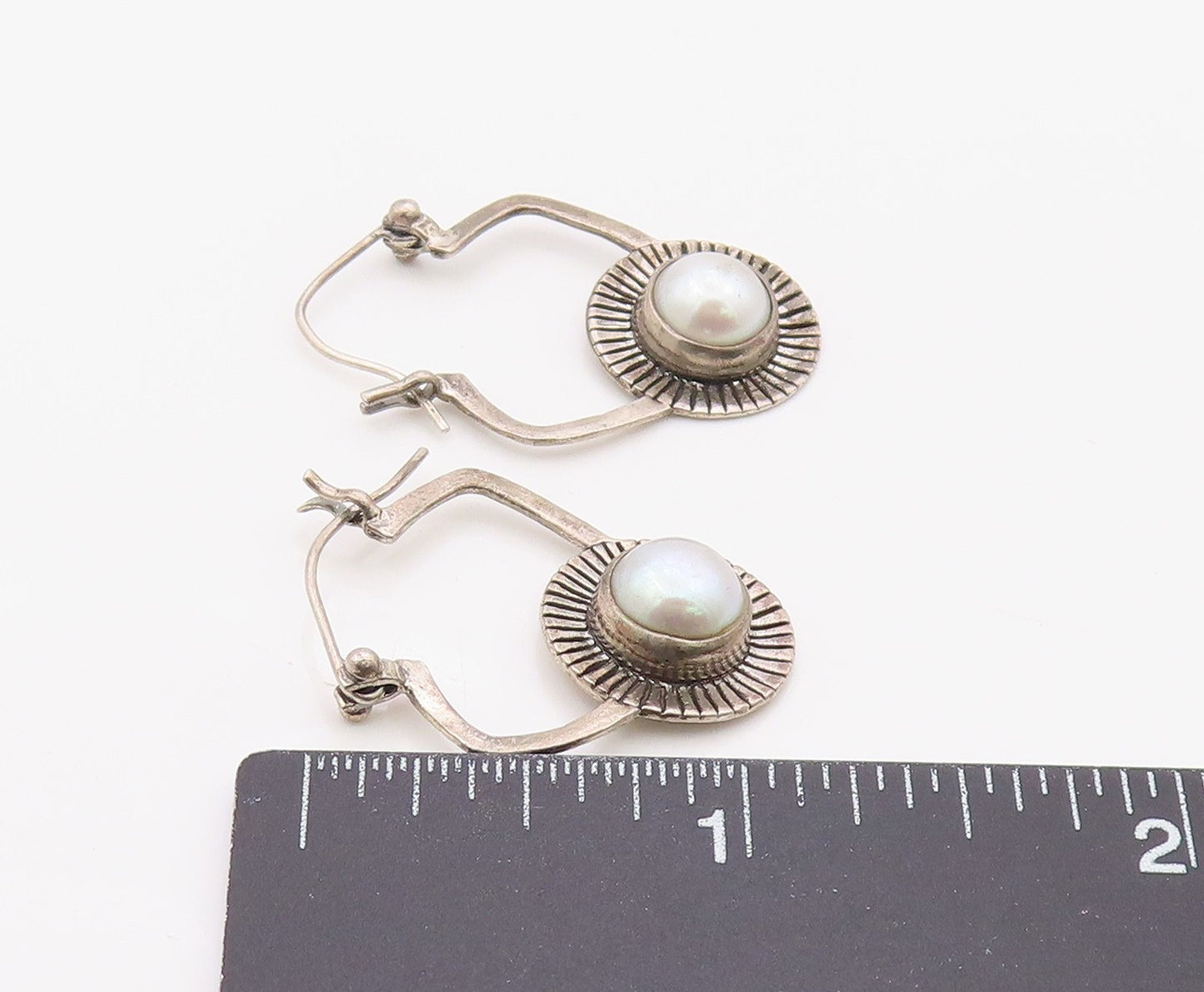 925 Sterling Silver Vintage Earrings Modernist Pearl Sunburst Dangle  EG14379