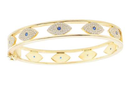 925 Sterling Silver Vintage Bracelet Gold Plated CZ Evil Eye Bangle  BT12004