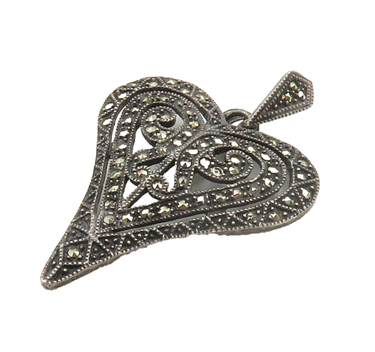 925 Sterling Silver  Vintage Marcasite Love Heart Oxidized Pendant  PT11818