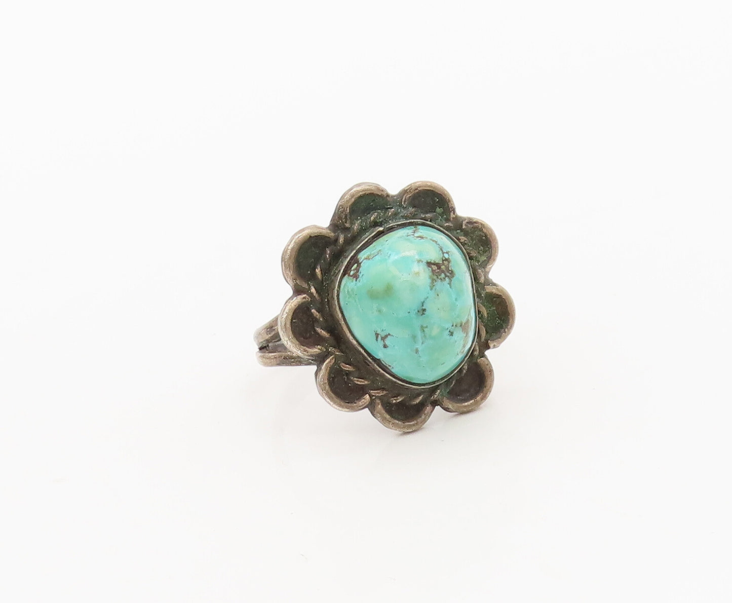 925 Silver Vintage Antique Southwestern Turquoise Carved Ring Sz 6 RG27250