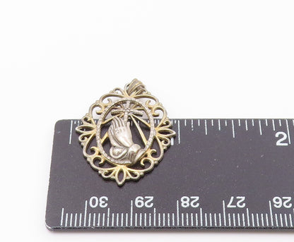 925 Sterling Silver  Vintage Two Tone Prayer Hands & Cross Pendant  PT17794