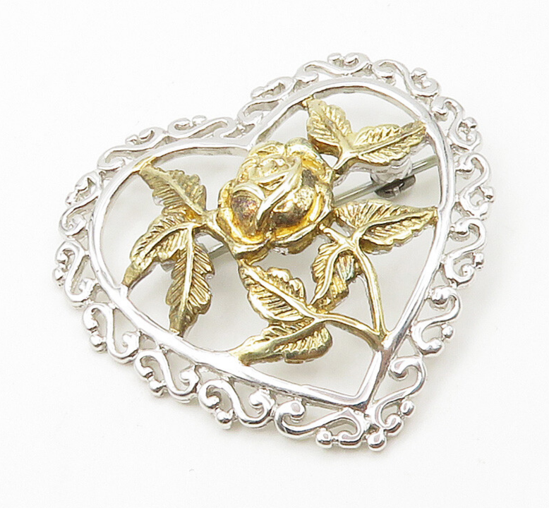 925 Sterling Silver  Vintage Two Tone Floral Love Heart Brooch Pin  BP6096