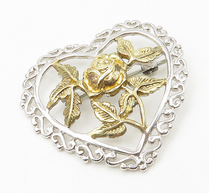 925 Sterling Silver  Vintage Two Tone Floral Love Heart Brooch Pin  BP6096