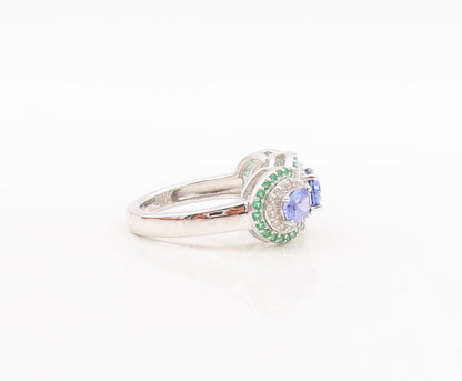 925 Sterling Silver Vintage Ring Oval Blue Halo White & Green CZ  Sz 7  RG29551