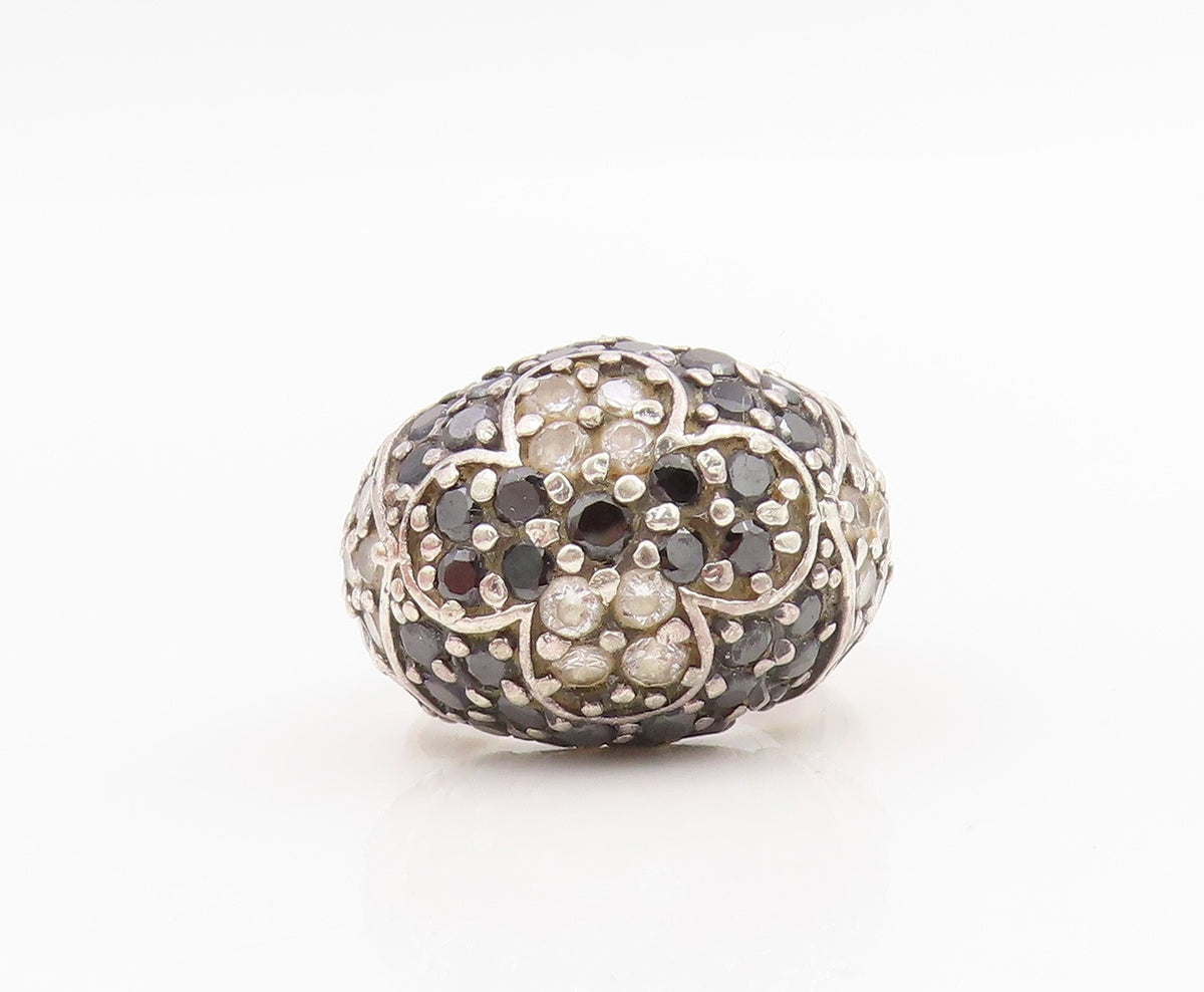925 Sterling Silver Vintage Ring White & Black CZ Cluster Dome  Sz 8.5  RG34195