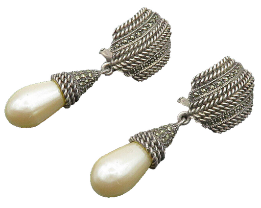 JUDITH JACK 925 Silver  Vintage Pearl & Marcasite Dangle Earrings  EG9951