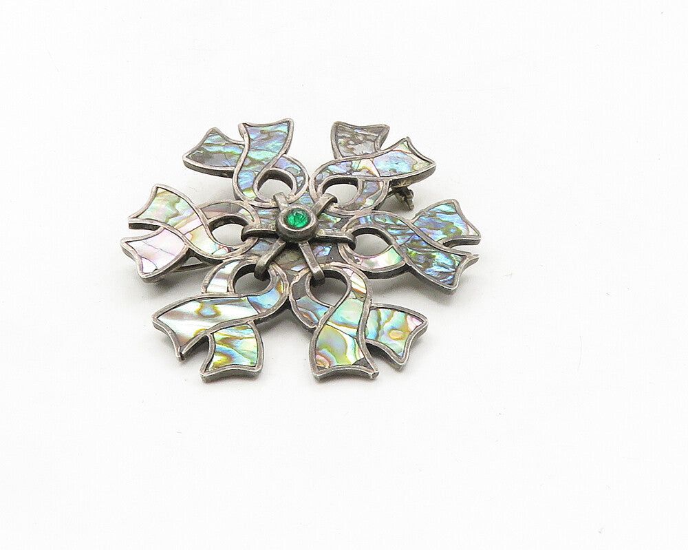 MEXICO 925 Silver  Vintage Abalone Shell Ribbons Flower Brooch Pin  BP3846