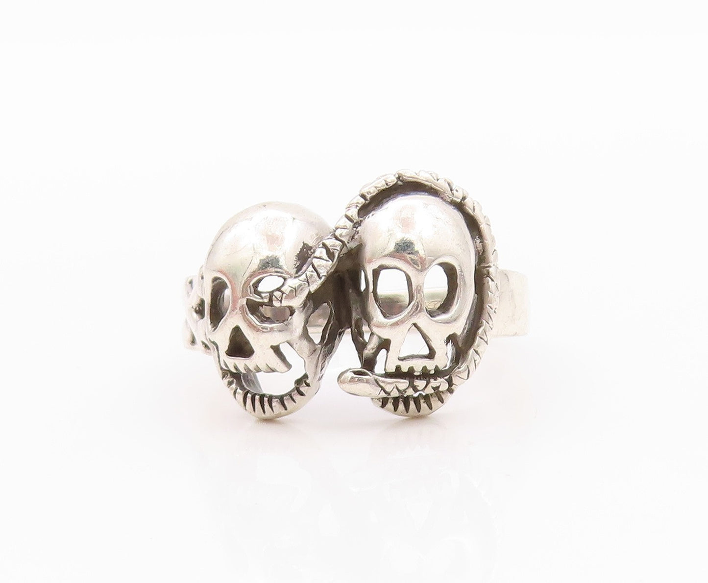 925 Sterling Silver Vintage Ring Two Skulls & Snake Biker Band  Sz 9  RG32403