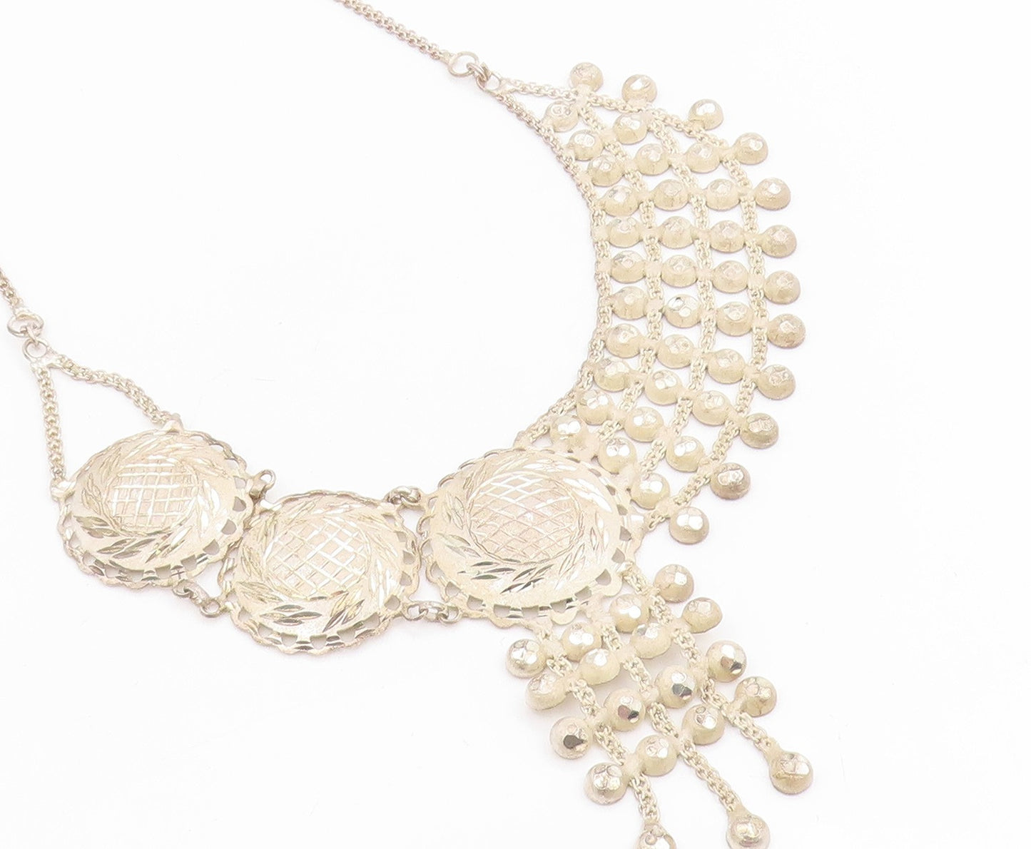 925 Sterling Silver Vintage Necklace Intricate Etched Droplet Choker  NE4738