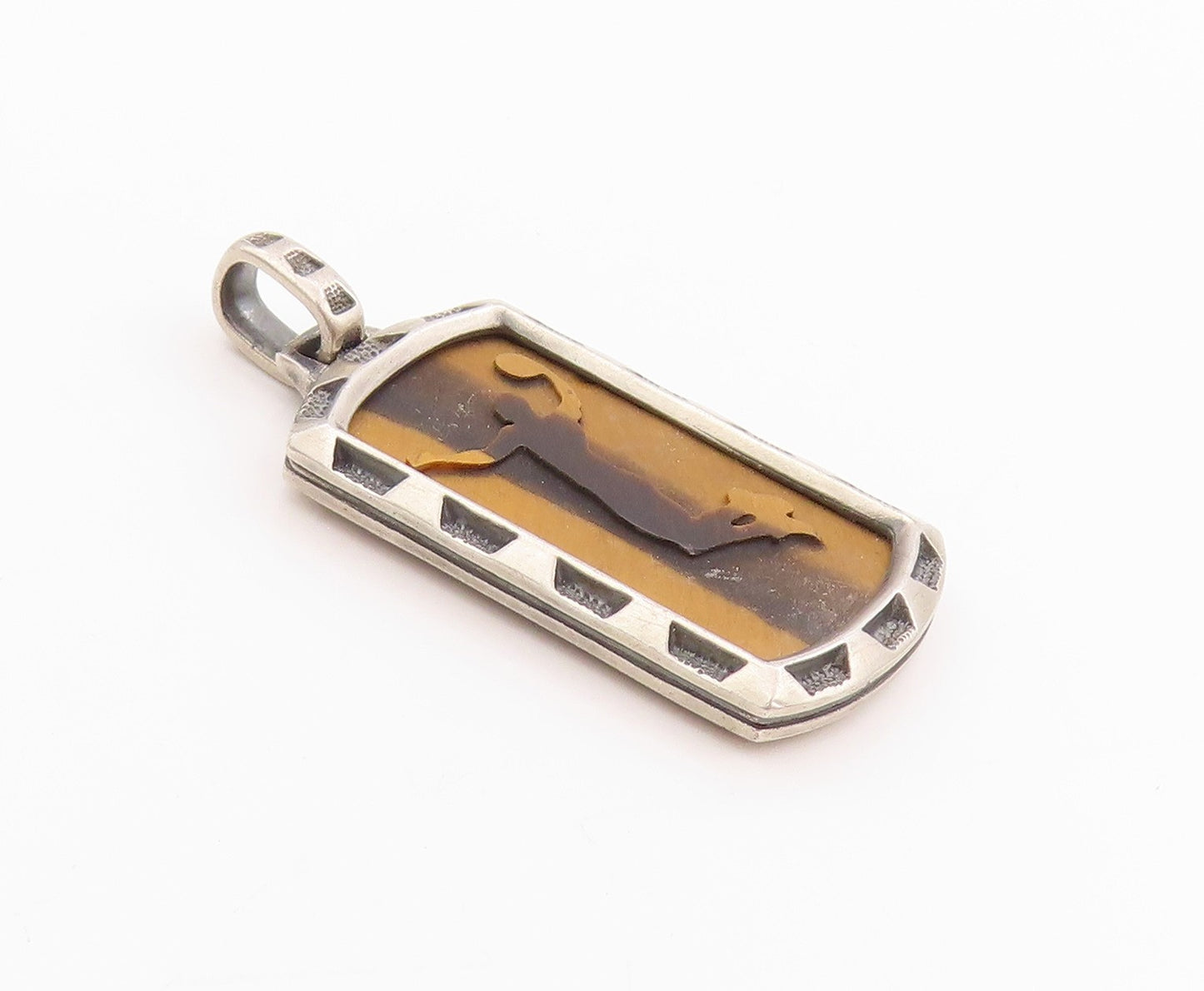 925 Sterling Silver Vintage Pendant Carved Tiger's Eye Volleyball Game  PT24939