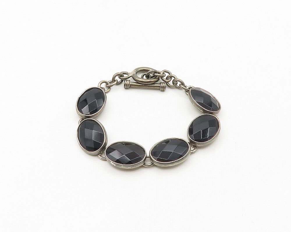 JRI MEXICO 925 Silver   Vintage Faceted Black Hematite Chain Bracelet  BT7202