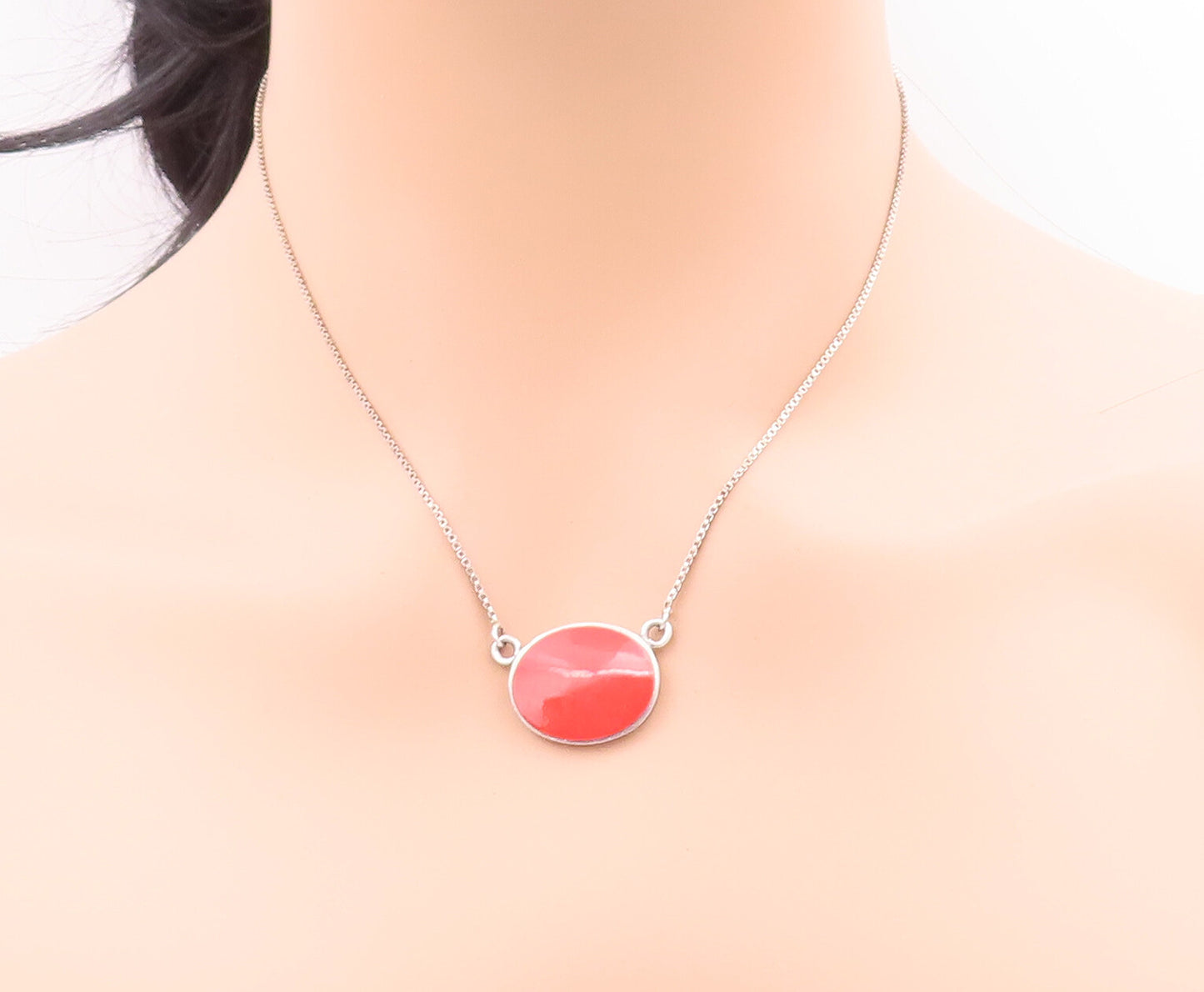925 Sterling Silver Vintage Necklace Minimalist Oval Carnelian Inlay  NE4286