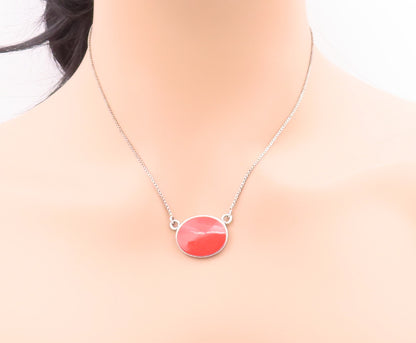925 Sterling Silver Vintage Necklace Minimalist Oval Carnelian Inlay  NE4286