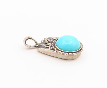 925 Sterling Silver Vintage Pendant Cabochon Turquoise Scrollwork Charm  PT26546